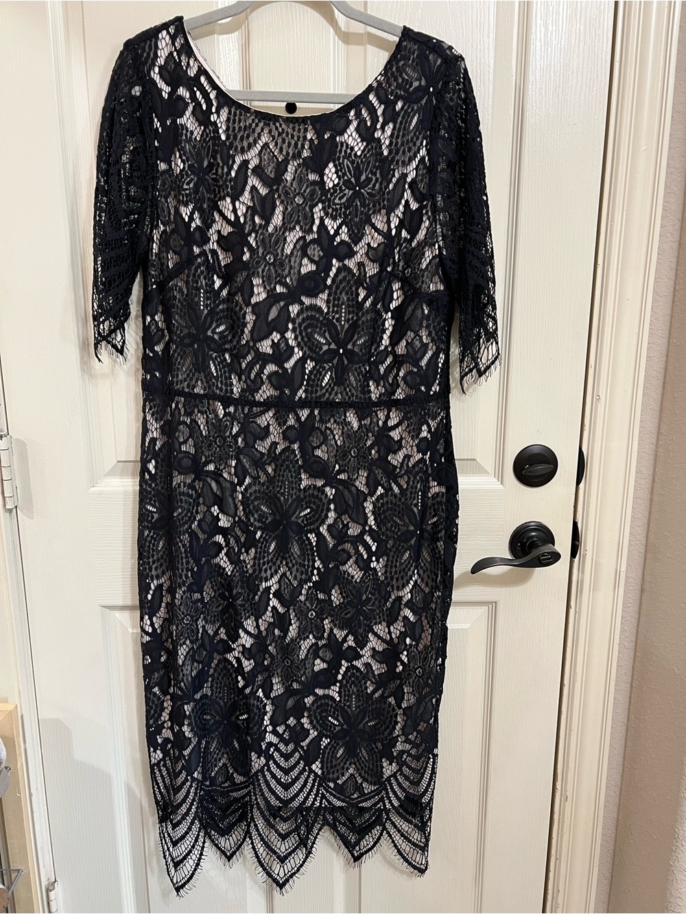 Unique Vintage Black Lace Midi Dress with Nude Lining